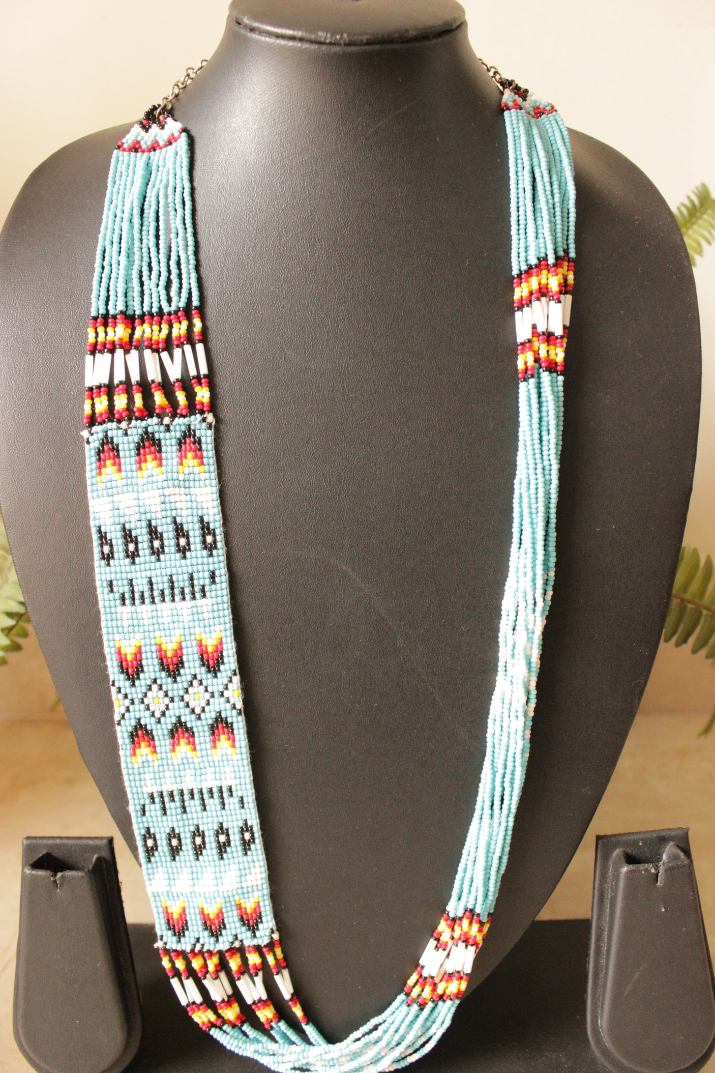 Handmade Seed Beads Shades of Blue and Red Multi-Layer Beaded Necklace