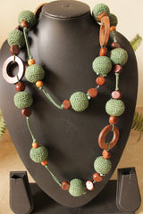 Fabric Balls and Wooden Charms Braided Handmade 2-Layer Necklace