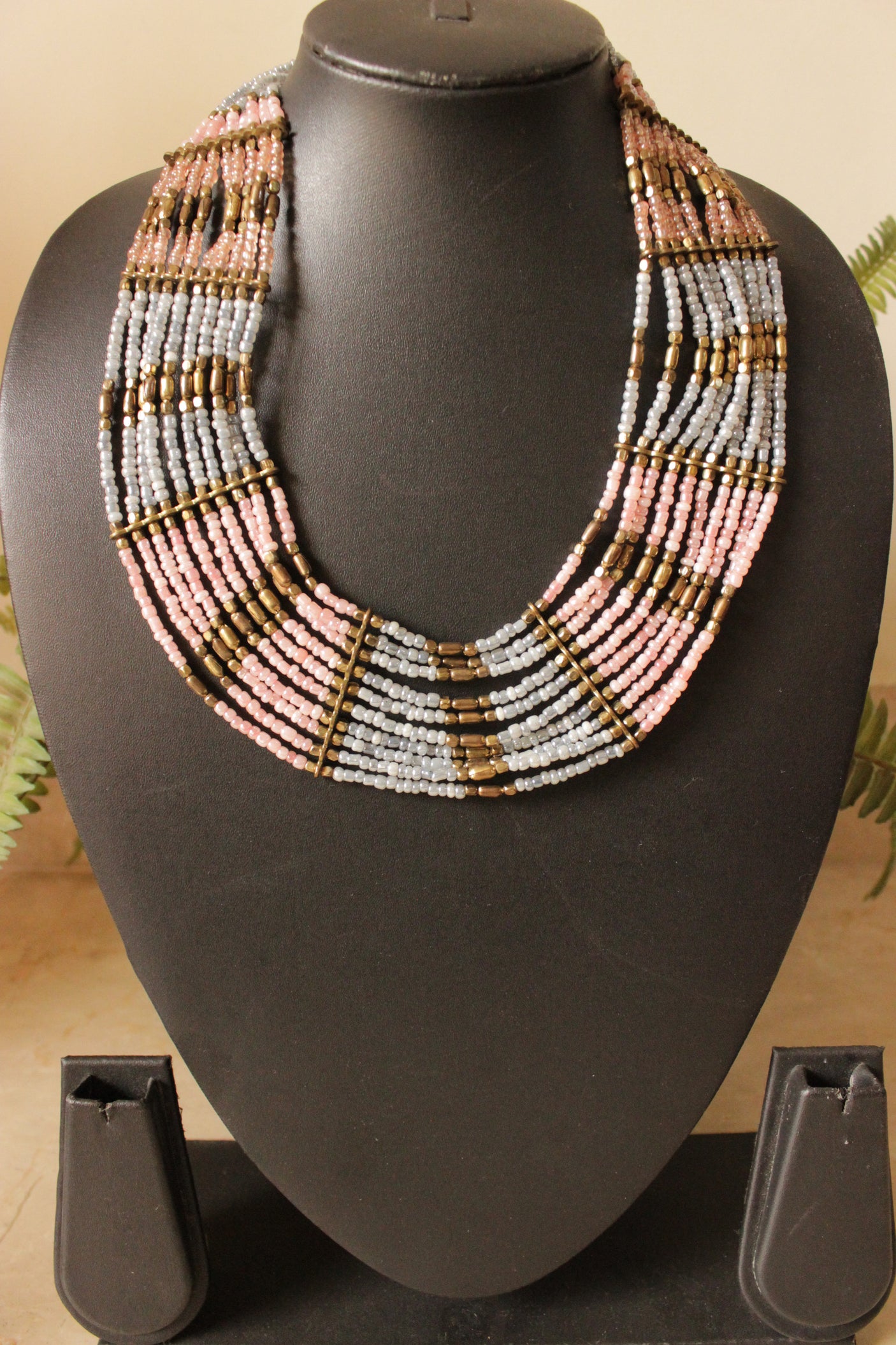 Peach and Grey Earthy Tones Handmade Beaded Necklace