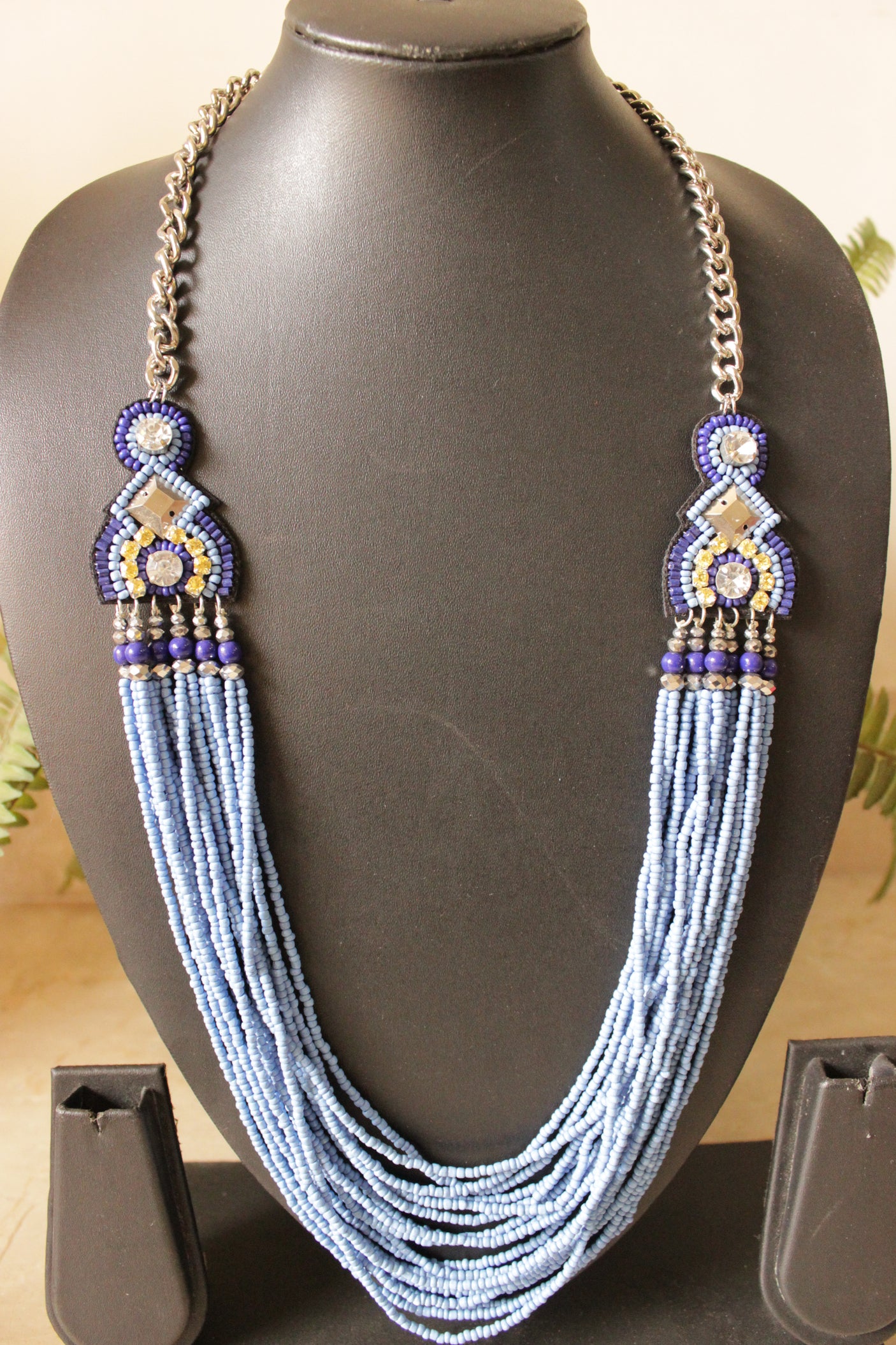 Multi-Layer Shades of Blue Beads Handmade Chain Closure Necklace