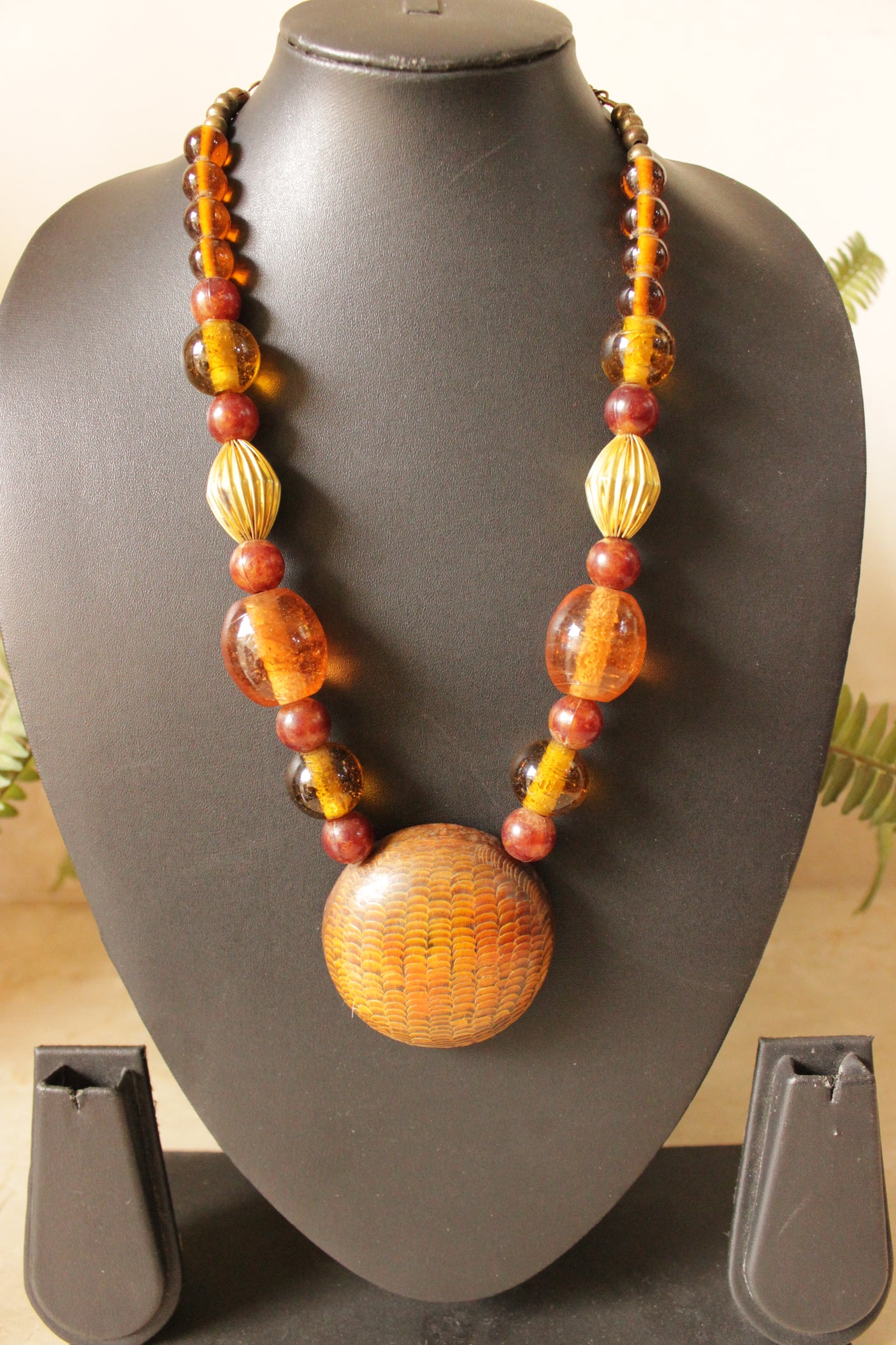 Wooden Pendant and Acrylic Beads Necklace