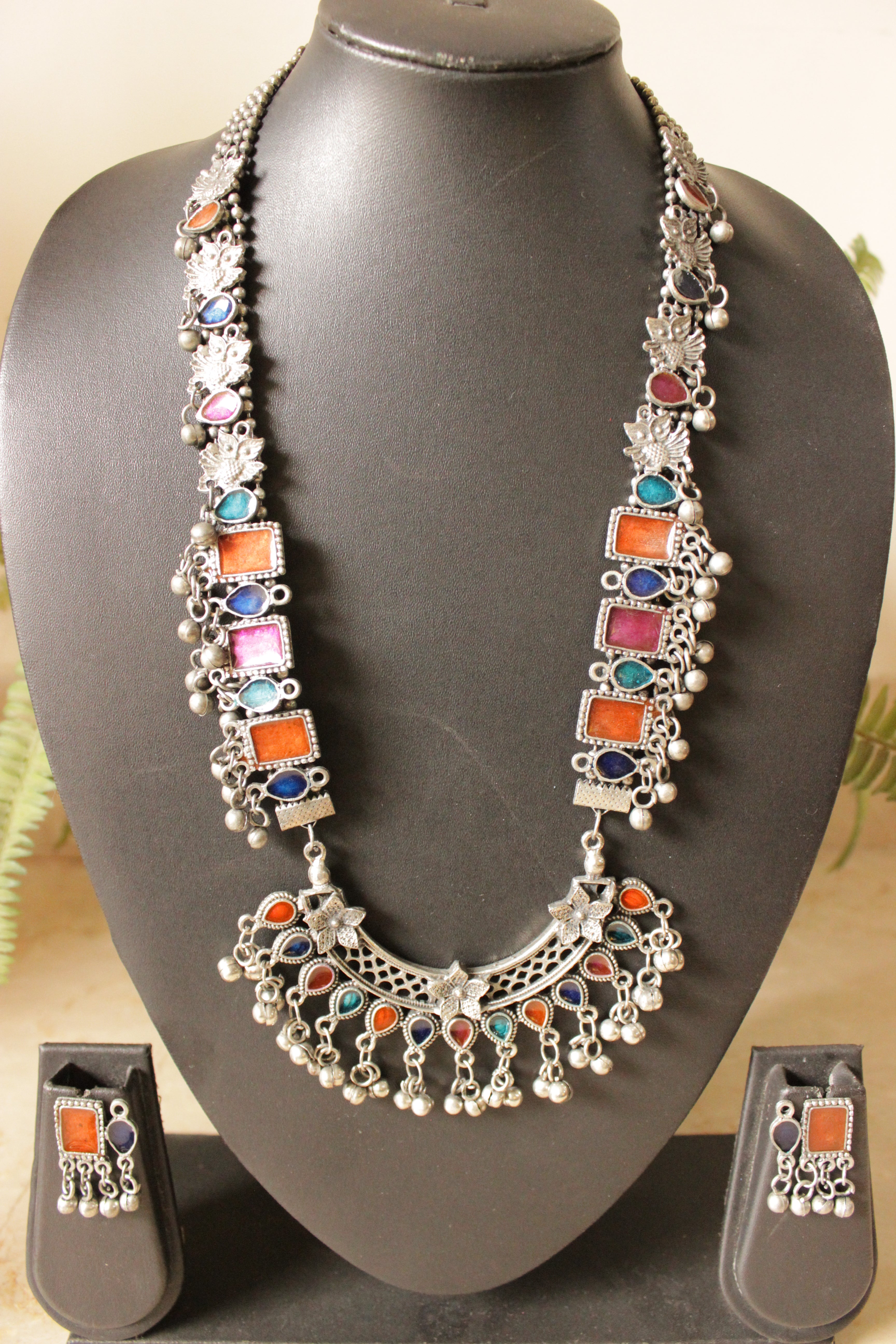 Orange and Pink Enamel Painted Oxidised Finish Long Afghani Necklace Set