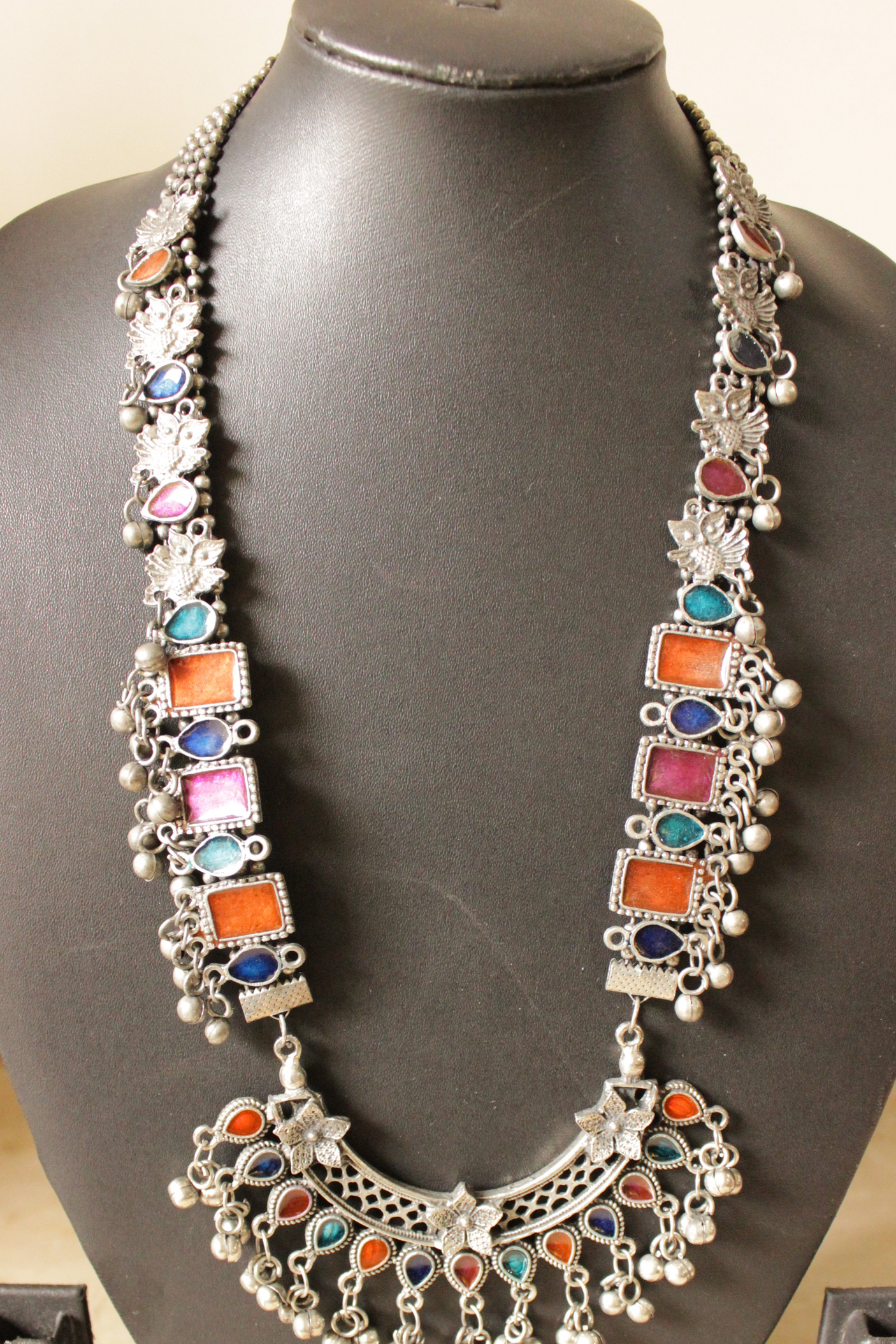 Orange and Pink Enamel Painted Oxidised Finish Long Afghani Necklace Set