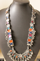 Orange and Pink Enamel Painted Oxidised Finish Long Afghani Necklace Set