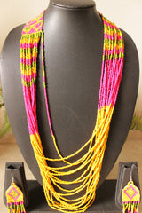 Yellow and Pink Multi-Layer Hand Braided Vibrant Beaded Necklace Set