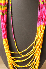 Yellow and Pink Multi-Layer Hand Braided Vibrant Beaded Necklace Set