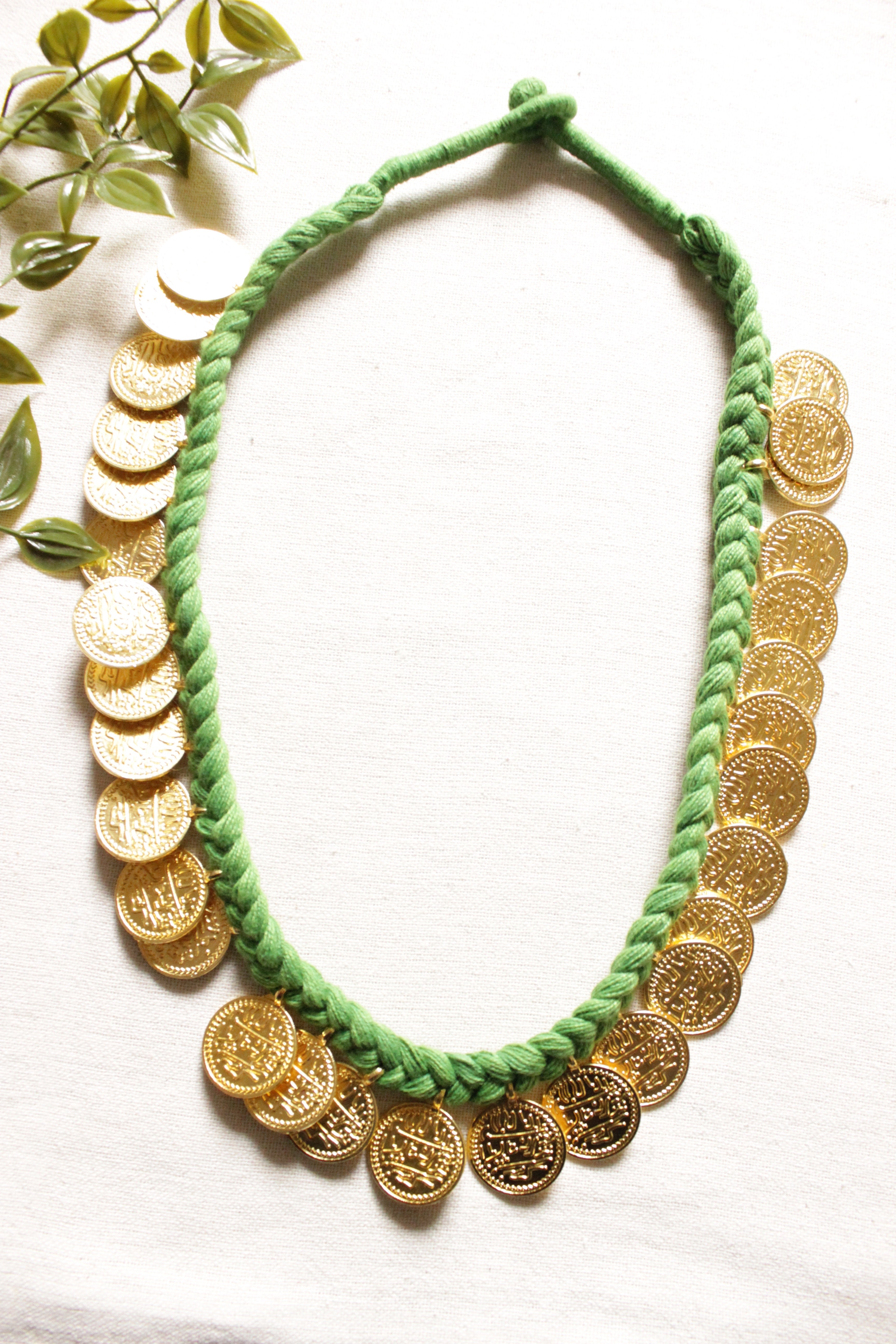Gold Embossed Coins Braided in Green Threads Fabric Necklace