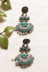 Oxidised Finish Green Stones Embedded Elaborate Ethnic Earrings