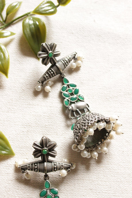 Oxidised Finish Green Glass Stones Embedded Elephant Motif Ethnic Jhumka Earrings