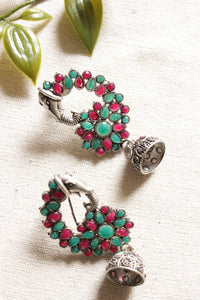 Oxidised Finish Green & Red Glass Stones Embedded Peacock Shape Ethnic Jhumka Earrings