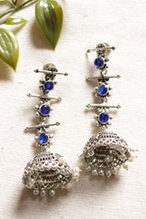 Oxidised Finish Purple Glass Stones Embedded Ethnic Long Jhumka Earrings