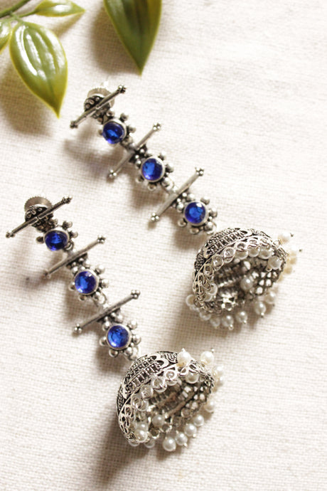 Oxidised Finish Purple Glass Stones Embedded Ethnic Long Jhumka Earrings