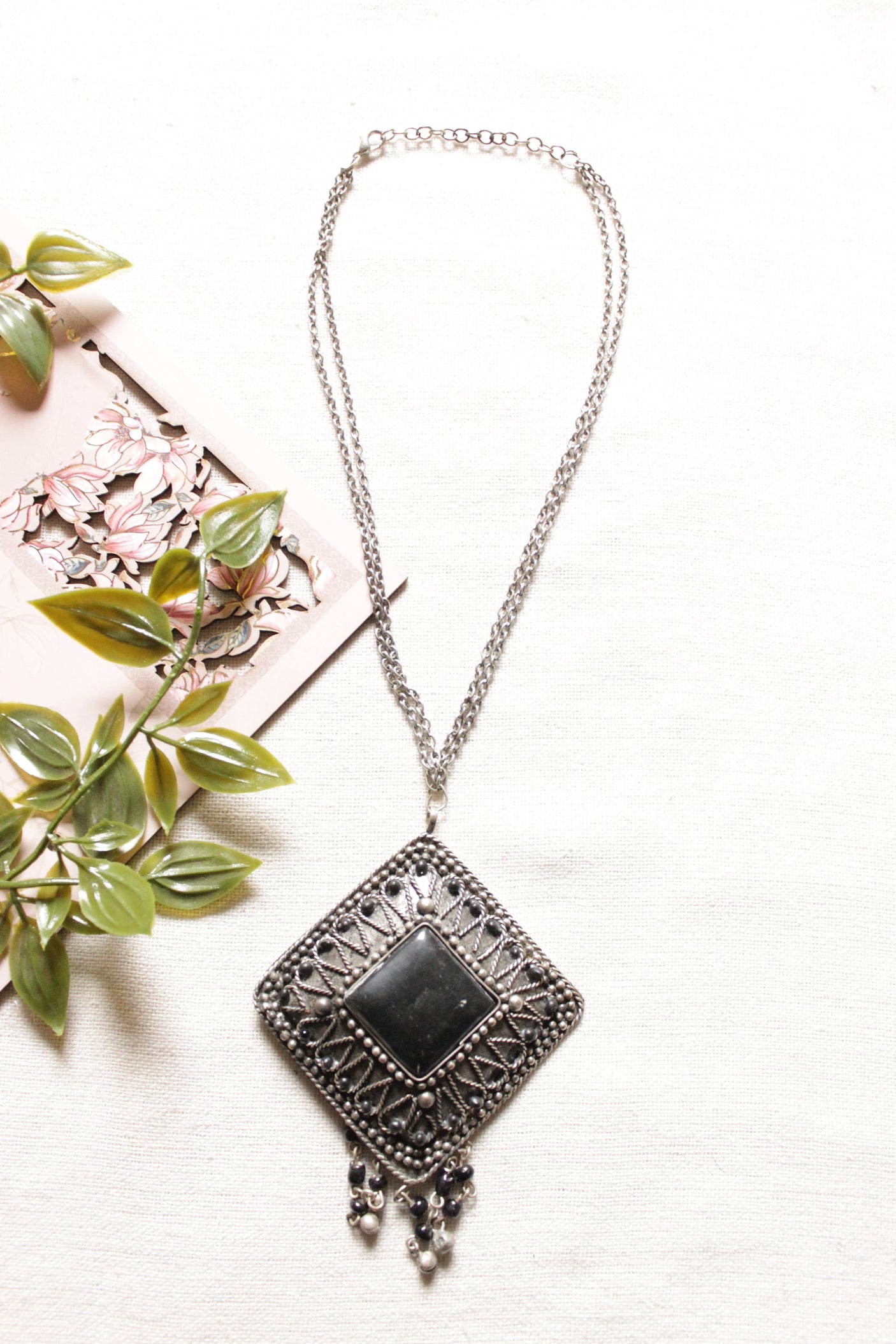 Oxidised Finish Black Center Stone Double Layer Chain Necklace