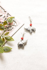 Braided Orange Acrylic Beads Multi-Layer Elephant Motif Silver Finish Necklace Set