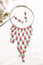 Load image into Gallery viewer, Coral Red Glass Stones Embedded Silver Finish Choker Style Jaali Pattern Long Necklace Set
