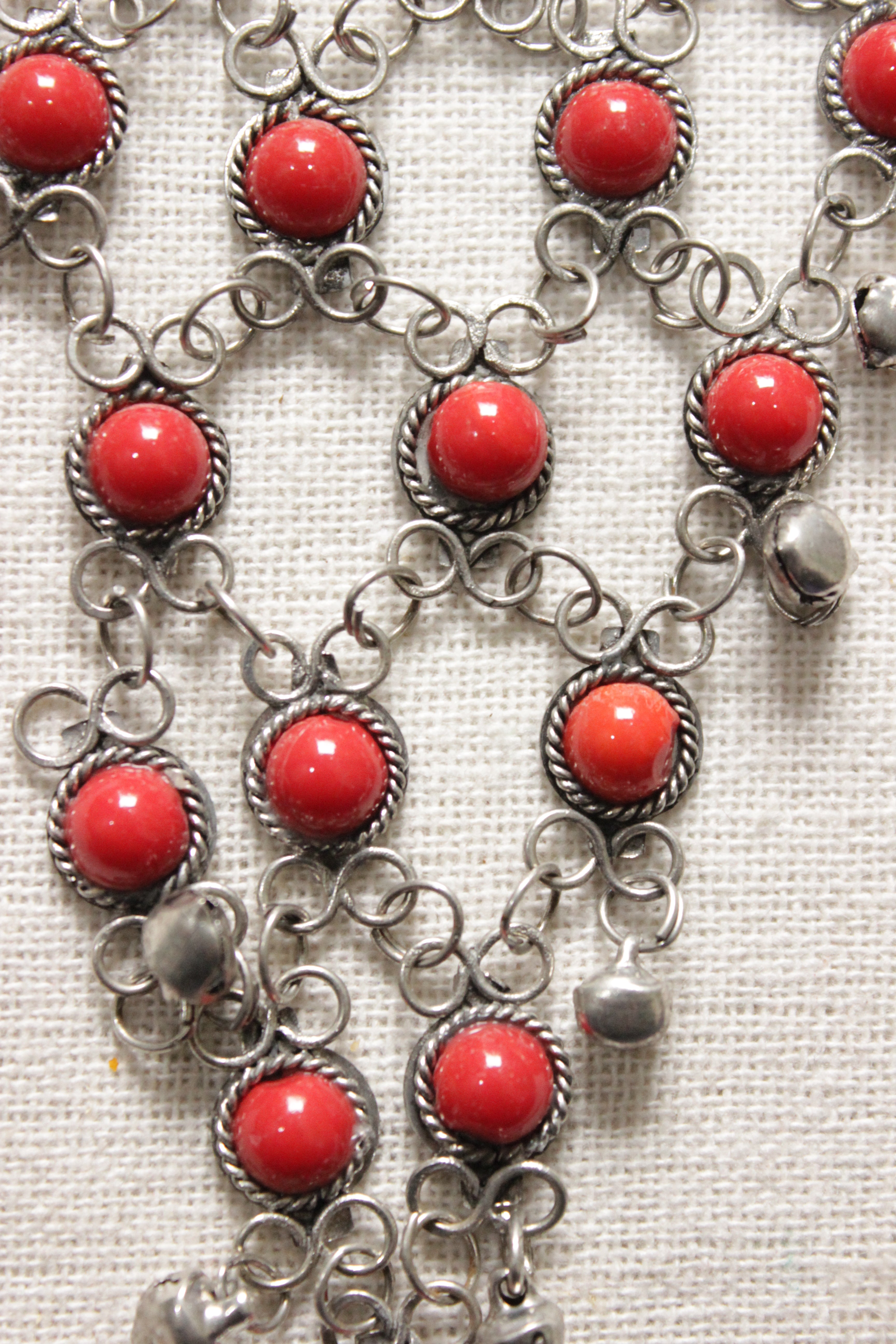 Coral Red Glass Stones Embedded Silver Finish Choker Style Jaali Pattern Long Necklace Set