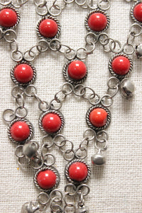 Coral Red Glass Stones Embedded Silver Finish Choker Style Jaali Pattern Long Necklace Set