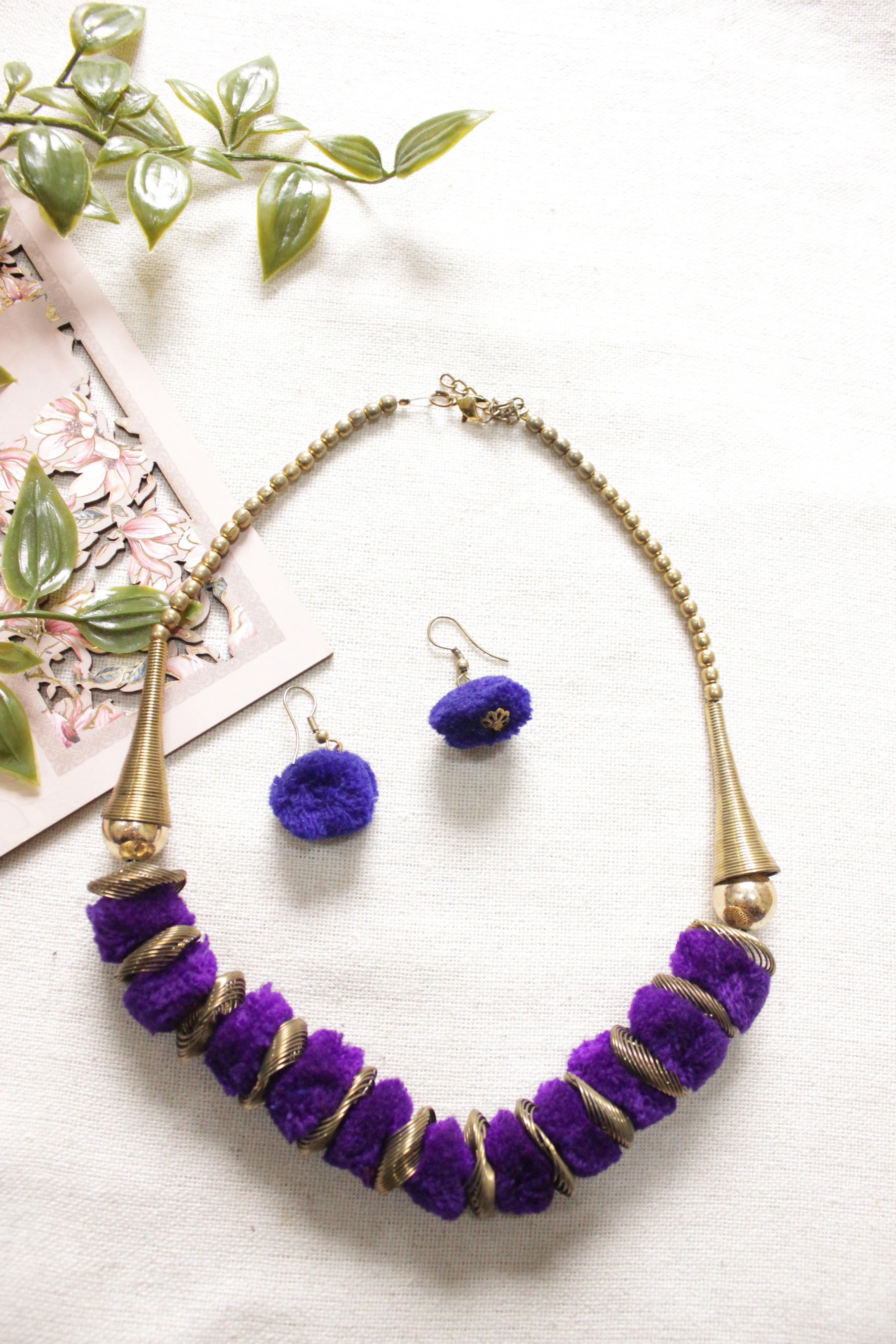 Purple Pom Pom Embellished Dull Gold Finish Adjustable Length Choker N A Local Tribe