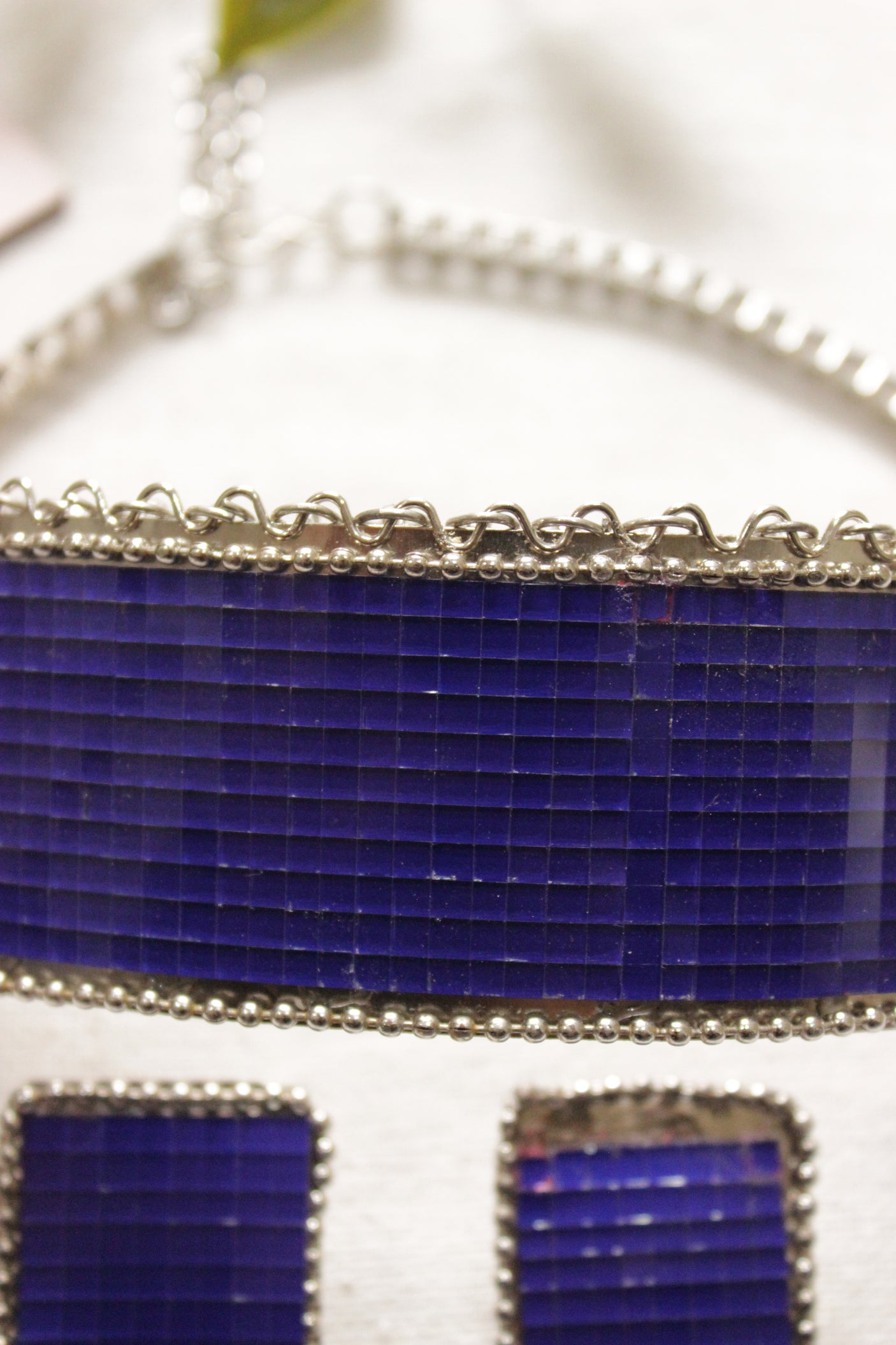 Purple Square Cut Glass Work Silver Finish Choker Necklace Set Embellished with Metal Ghungroo Beads