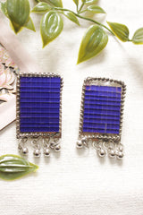 Purple Square Cut Glass Work Silver Finish Choker Necklace Set Embellished with Metal Ghungroo Beads