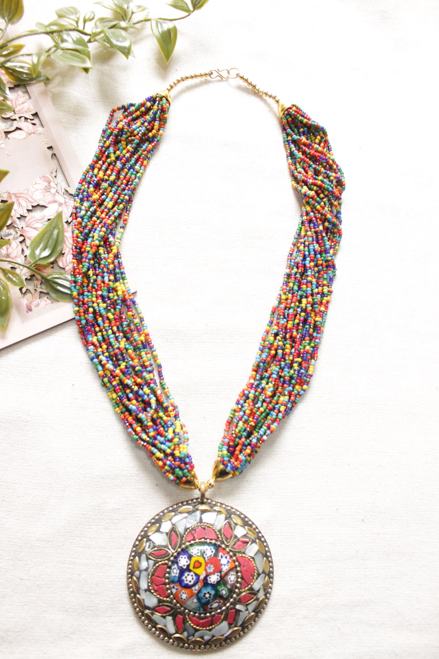 Multi-Color Beads Hand Braided Tibetan Pendant Multi-Layer Necklace