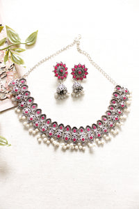 Pink Glass Stones Embedded Silver Finish Choker Style Necklace Set with Flower Jhumka Earrings