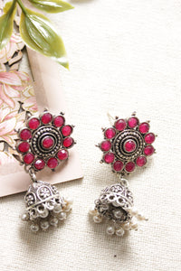 Pink Glass Stones Embedded Silver Finish Choker Style Necklace Set with Flower Jhumka Earrings