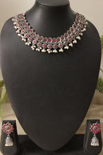 Load image into Gallery viewer, Pink Glass Stones Embedded Silver Finish Choker Style Necklace Set with Flower Jhumka Earrings
