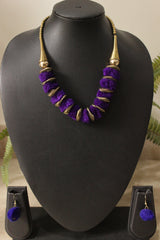 Purple Pom Pom Embellished Dull Gold Finish Adjustable Length Choker Necklace Set
