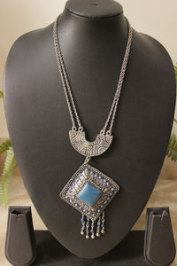 Oxidised Finish Turquoise Center Stone Double Layer Chain Necklace