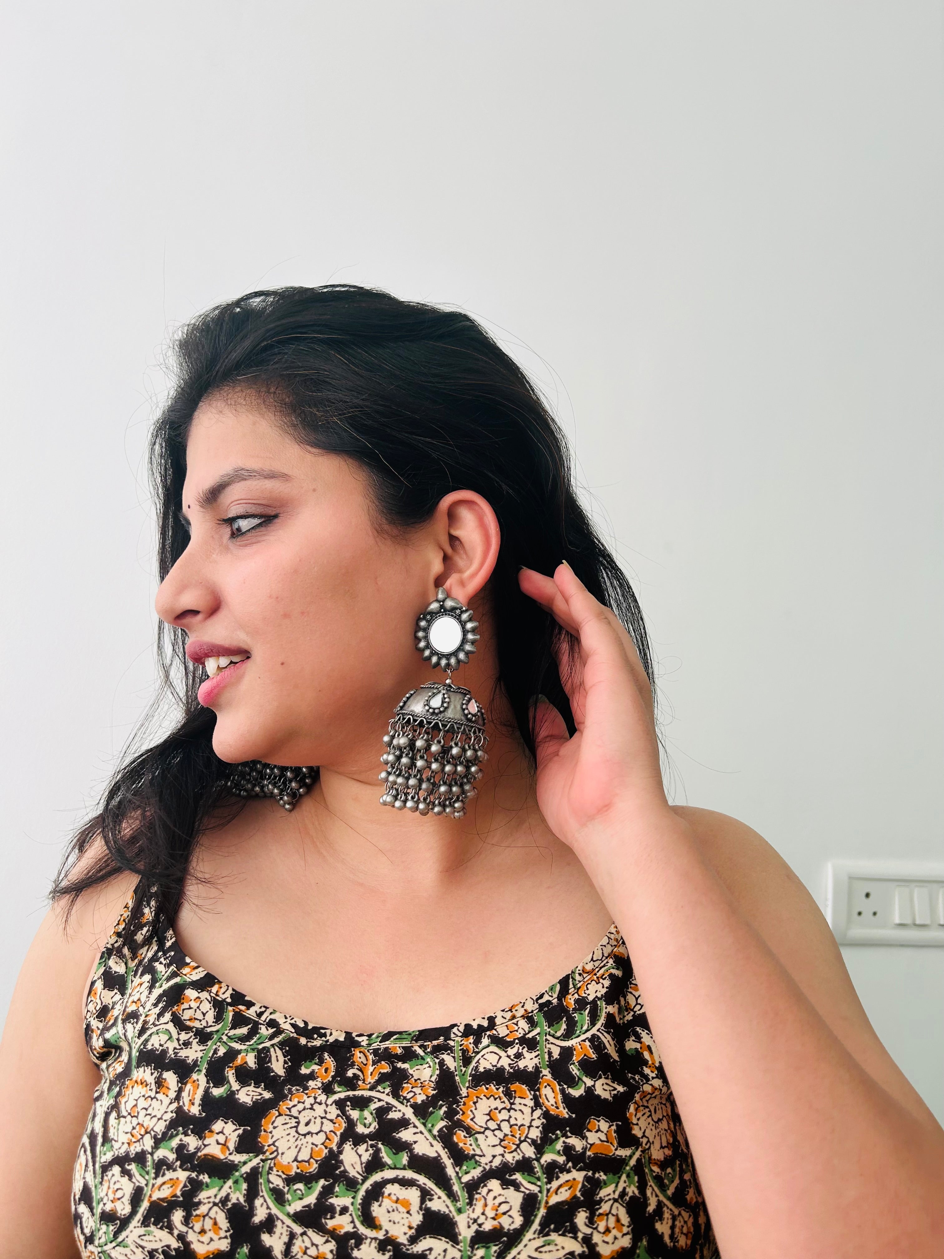 Mirror and Glass Stones Embedded Premium Oxidised Finish Brass Jhumka Earrings