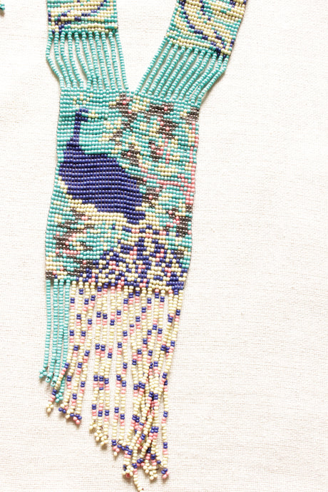 Shades of Blue and Beige Peacock Motif Handmade Beaded Long Necklace Set