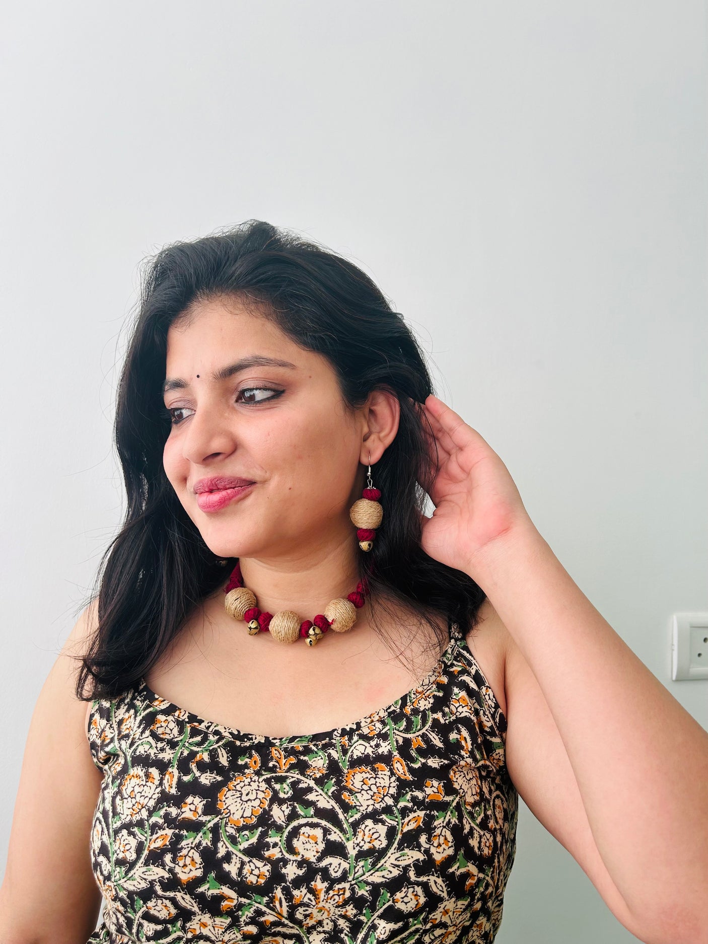 Fabric, Jute and Ghungroos Embellished Handcrafted Necklace Set