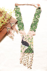 Green and Beige Peacock Motif Handmade Beaded Long Necklace Set