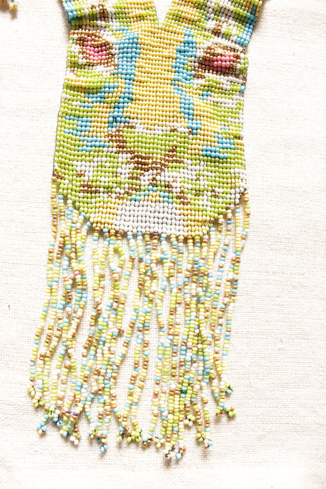 Muted Green and Blue Lion Motif Handmade Beaded Long Necklace Set