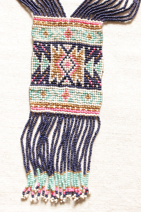 Purple and Muted Blue Geometric Motifs Handmade Beaded Long Necklace Set
