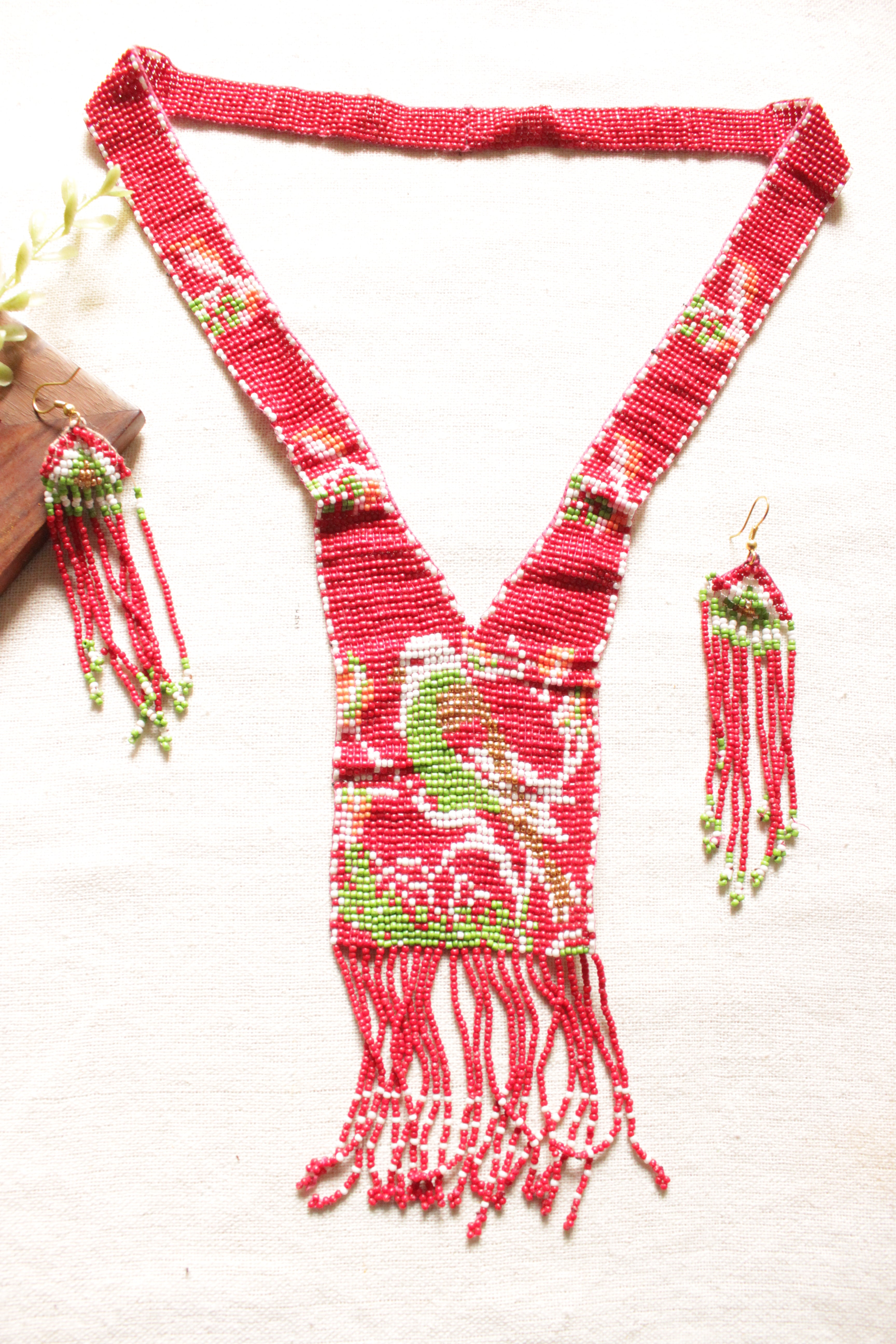 Red and Green Bird Motif Handmade Beaded Long Necklace Set