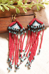 Red and Blue Abstract Motifs Handmade Beaded Long Necklace Set
