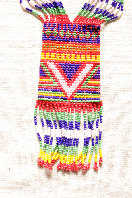 Red and Multi-Color Abstract Motifs Handmade Beaded Long Necklace Set