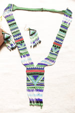 Load image into Gallery viewer, Muted Blue and Green Abstract Motifs Handmade Beaded Long Necklace Set
