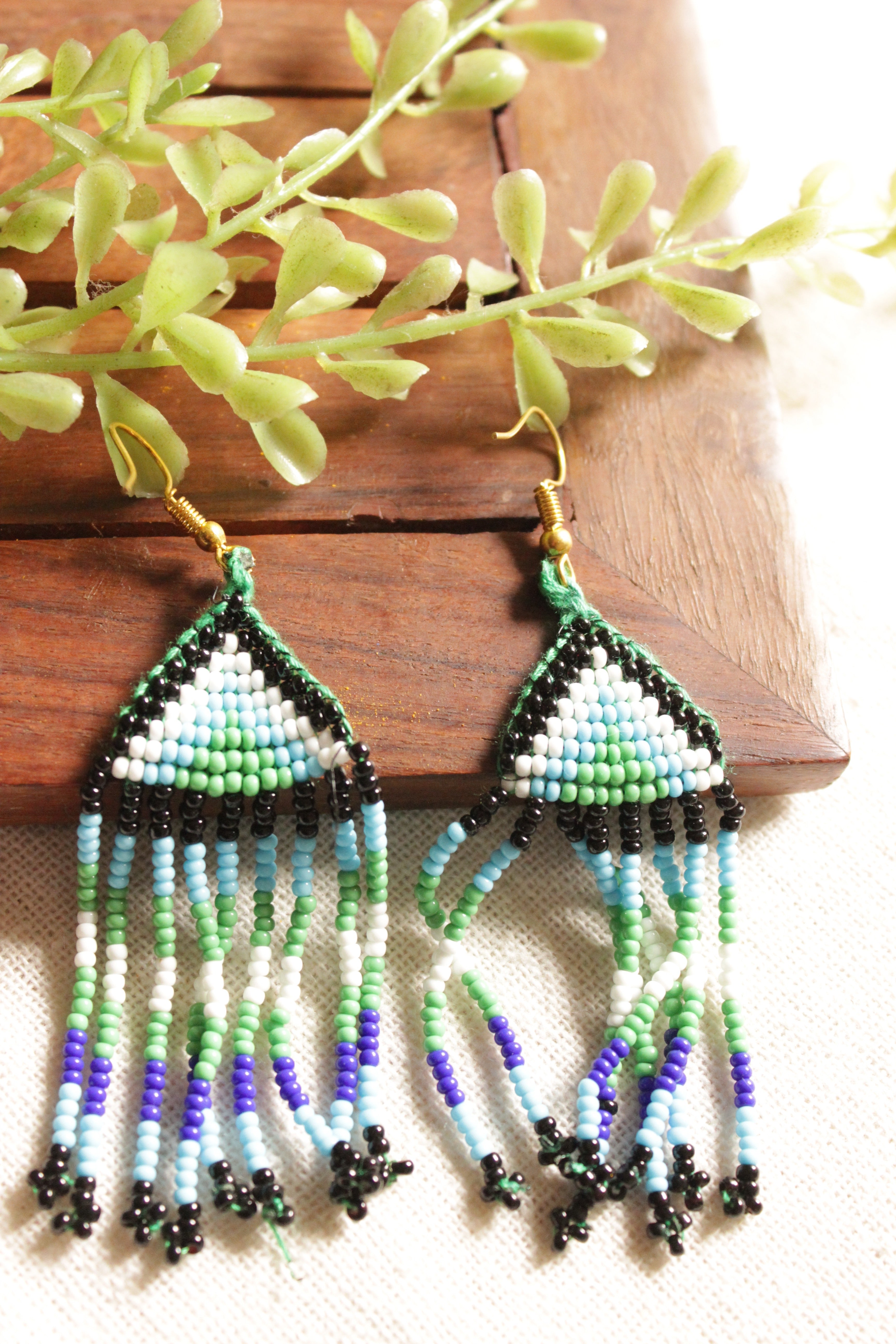 Muted Blue and Green Abstract Motifs Handmade Beaded Long Necklace Set
