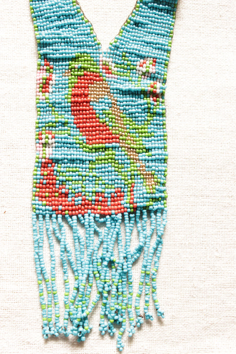 Sky Blue and Red Bird Motif Handmade Beaded Long Necklace Set