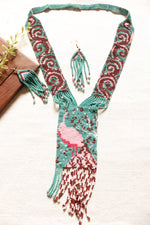 Load image into Gallery viewer, Brown and Blue Peacock Motif Handmade Beaded Long Necklace Set
