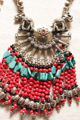 Elephant Motif Metal Pendant and Red and Turquoise Beads Work Handmade Necklace Set