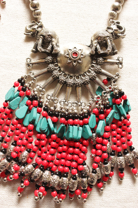 Elephant Motif Metal Pendant and Red and Turquoise Beads Work Handmade Necklace Set