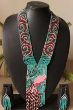 Load image into Gallery viewer, Brown and Blue Peacock Motif Handmade Beaded Long Necklace Set
