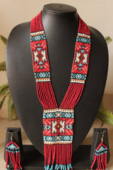 Red and Blue Abstract Motifs Handmade Beaded Long Necklace Set