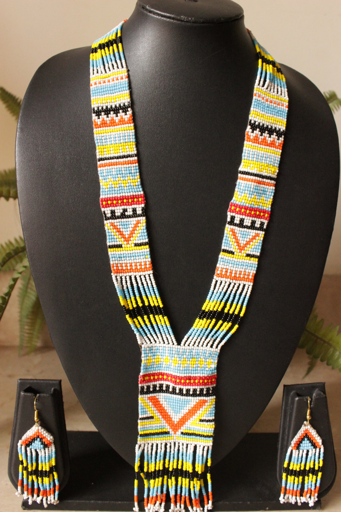 Vibrant Yellow and Multi-Color Geometric Motifs Handmade Beaded Long Necklace Set