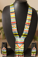 Vibrant Yellow and Multi-Color Geometric Motifs Handmade Beaded Long Necklace Set