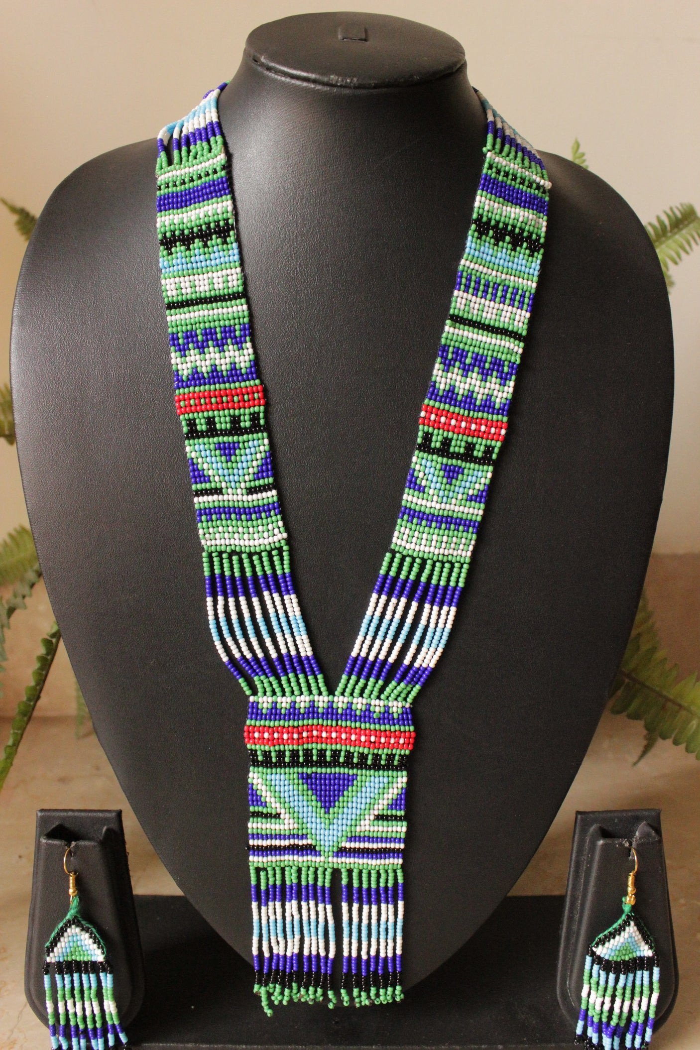 Muted Blue and Green Abstract Motifs Handmade Beaded Long Necklace Set